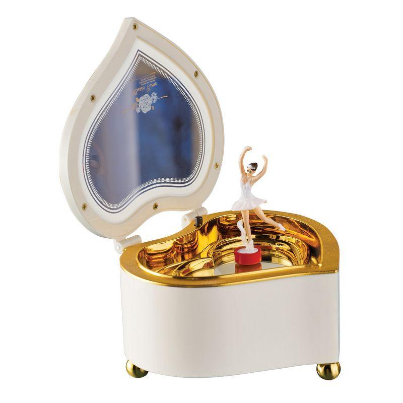 Heart-Shaped White and Gold Ballerina Music Box with Mirror