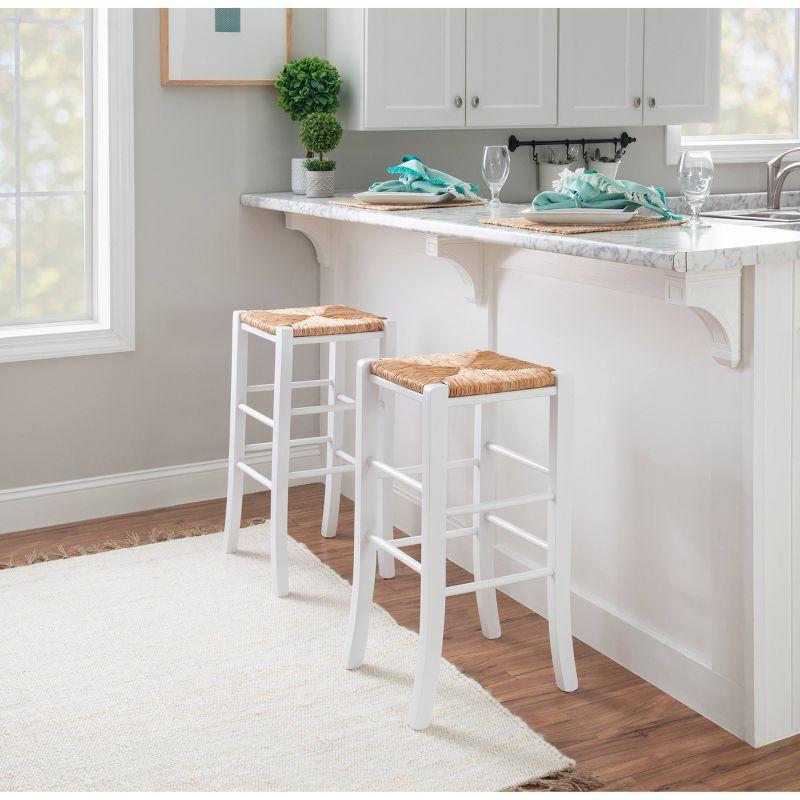 Set of 2 Gianna Backless Handwoven Rush Seat Barstools White - Linon: Solid Wood, 29" Height