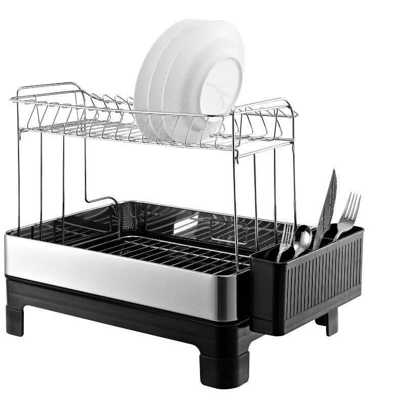 happimess Simple 20.75" Fingerprint-Proof Stainless Steel 2-Tier Dish Drying Rack with Swivel Spout Tray, Stainless Steel/Black