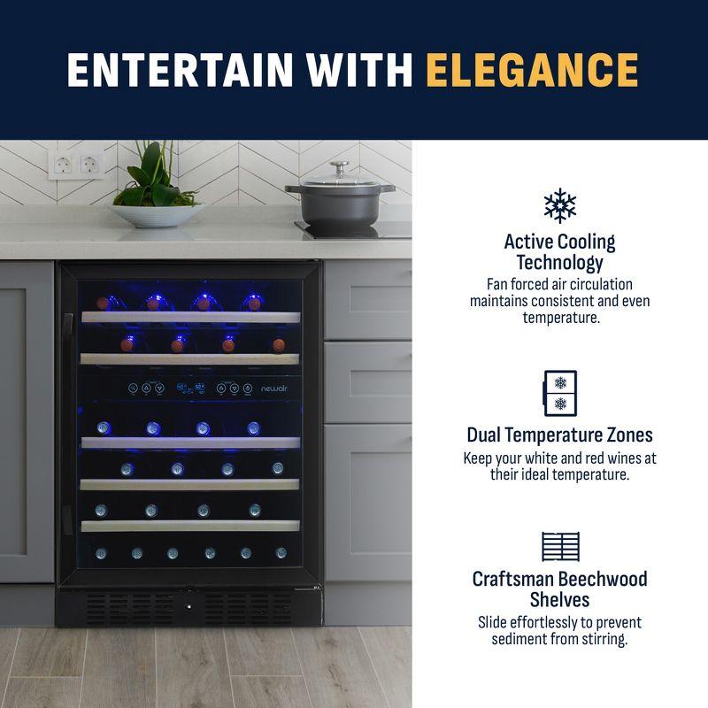Newair 24” Built-in 46 Bottle Dual Zone Wine Cooler with Removable Beechwood Shelves in Black Stainless Steel