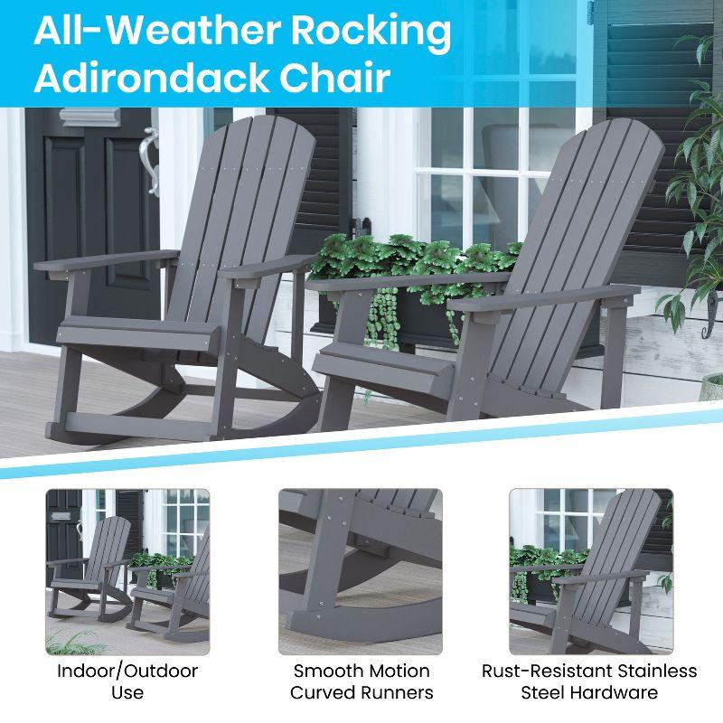 Flash Furniture Set of 2 Savannah All-Weather Poly Resin Wood Adirondack Rocking Chairs with Side Table in Gray