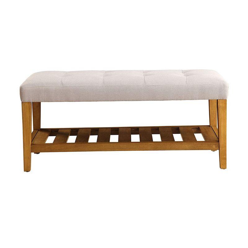Craftsman Light Gray Tufted Bench with Oak Finish and Shelf