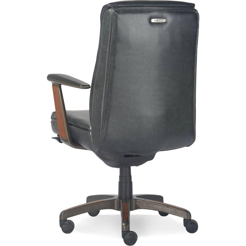 Executive High-Back Black Leather Swivel Office Chair with Wood Accents