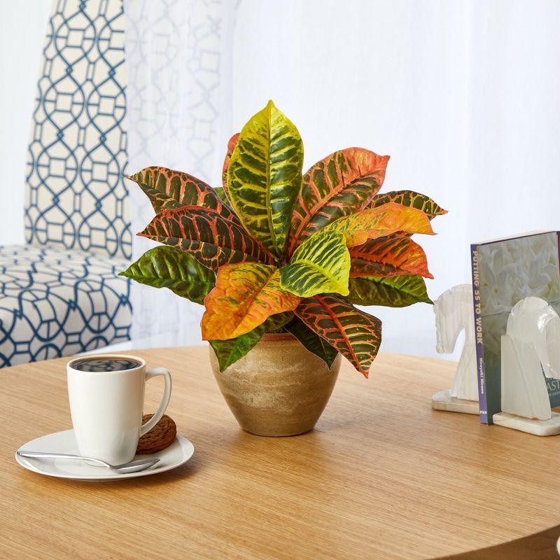 Nearly Natural 15-in Garden Croton Artificial Plant in Ceramic Planter (Real Touch)