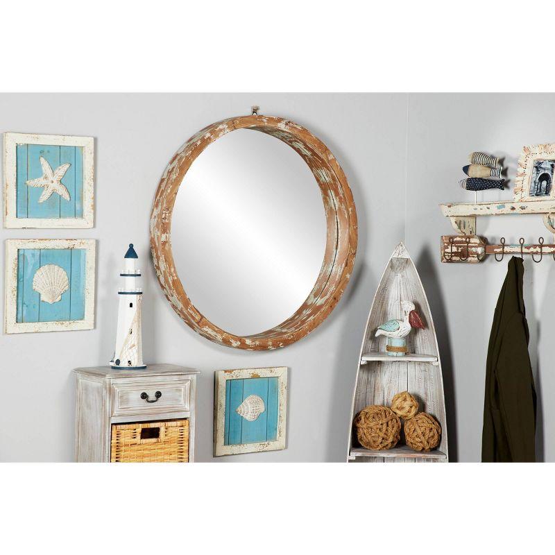 Vintage Round Brown Wood Wall Mirror