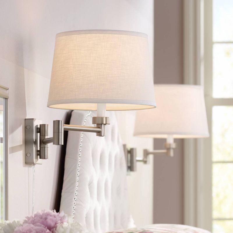 Possini Euro Design Modern Swing Arm Wall Lamps Set of 2 Brushed Nickel Plug-In Light Fixture White Drum Shade for Bedroom Bedside
