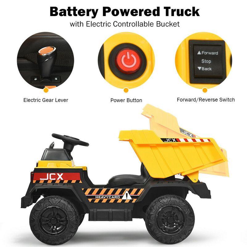 Costway 12V Battery Kids Ride On Dump Truck RC Construction Tractor w/ Electric Bucket & Electric Dump Bed