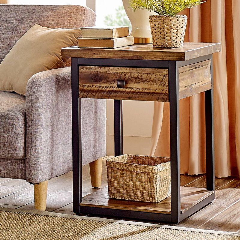 Claremont Rustic Wood End Table with Drawer and Low Shelf Dark Brown - Alaterre Furniture: Steel Frame, Acacia Top, Spot Clean