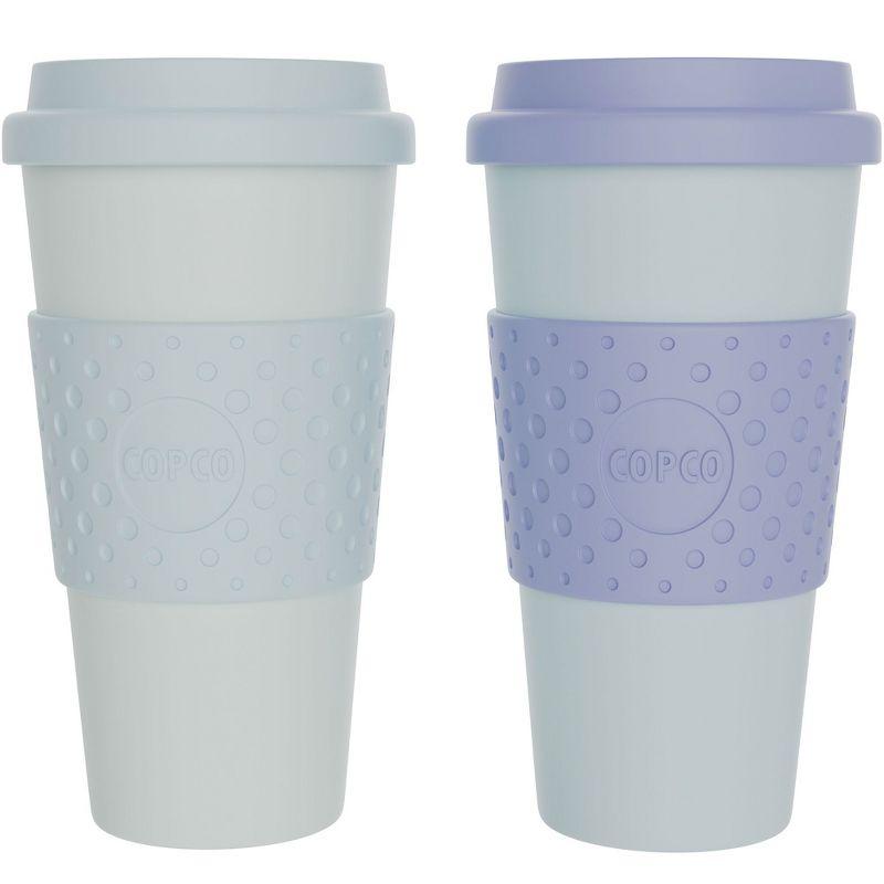 Copco Acadia To Go Mug Set of 2, 16 Ounce Reusable Coffee Cups with Lids, Durable & BPA-Free, Travel Mugs Double-Wall Insulation, Purple & Teal