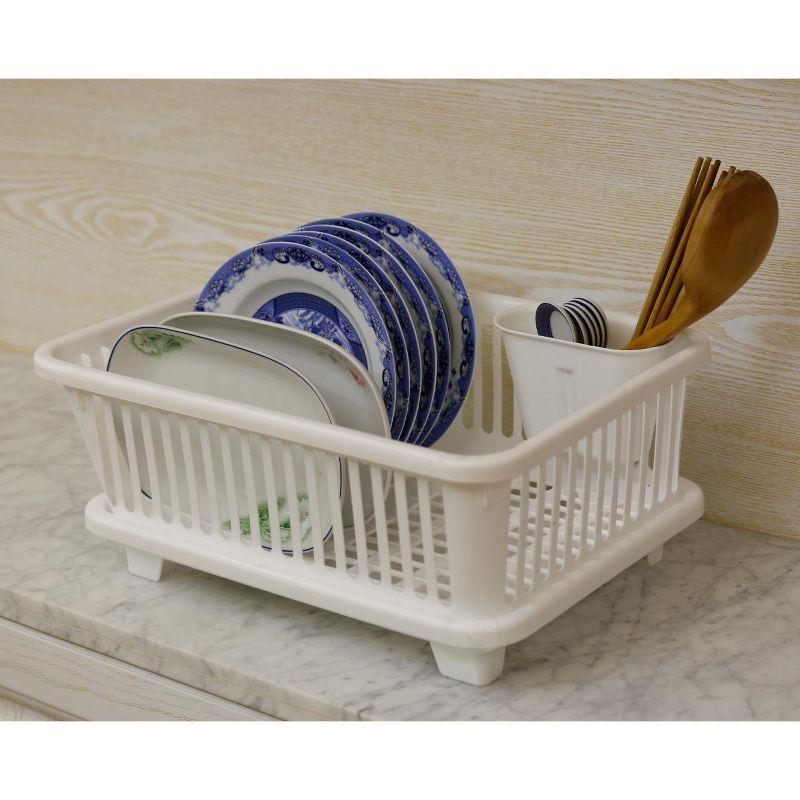 Basicwise Heavy Duty 2-Piece Plastic Dish Drying Rack Set in White - Includes Large Dish Drainer, Attached Drainboard, and Utensil Cup Holders