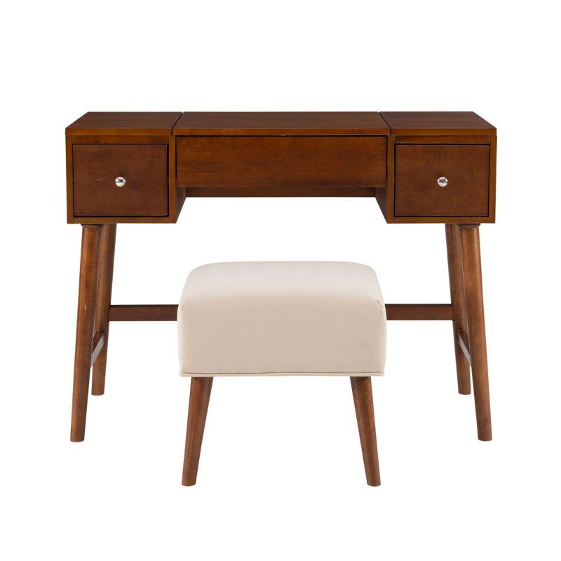 Viola Mid-Century Modern Flip-up Mirror 2 Drawer Vanity and Upholstered Stool Brown - Linon: Rubberwood, MDF, Lift-Top Storage