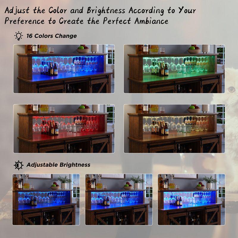 SinCiDo 55" Coffee Bar Cabinet with LED Lights & Sliding Barn Door & Wine and Glass Rack, Wine Bar Cabinet w/Storage Shelves, Reclaimed Barnwood