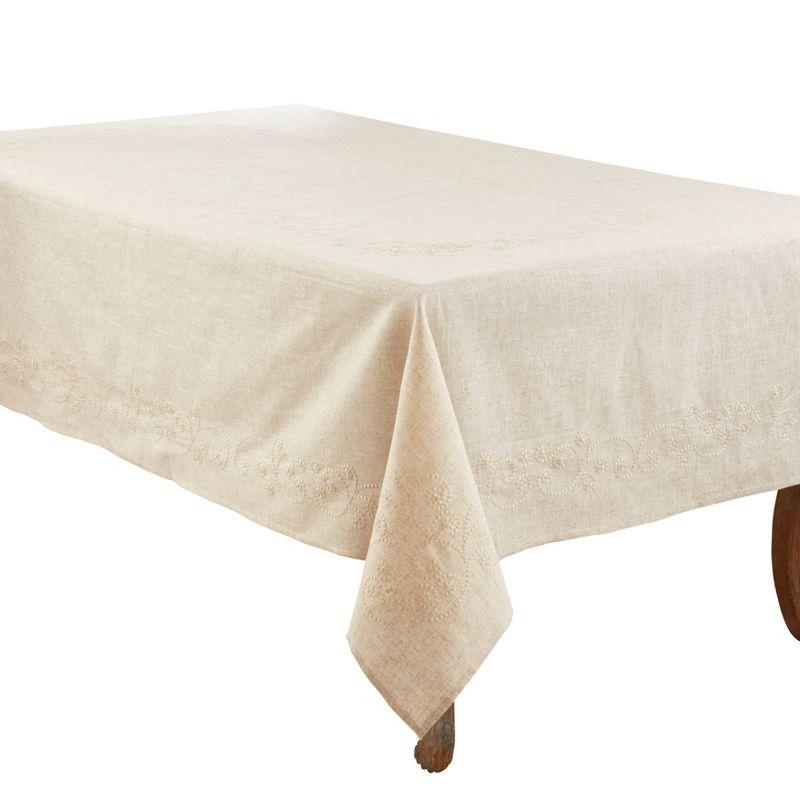 120"x67" Embroidered Swirl Natural Linen Blend Tablecloth: Machine Washable, Saro Lifestyle