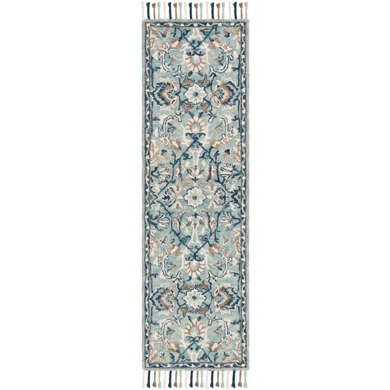 Premium Wool Blue/Ivory Floral Fringed Runner Rug, 2'3" x 12'