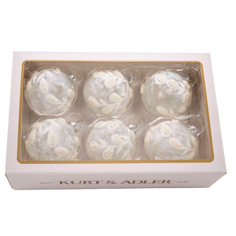 Kurt Adler 80mm Glass White Pearl 6-Piece Ball Ornament Set