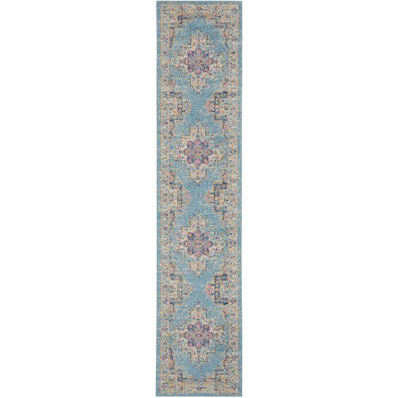 Light Blue Floral Synthetic Runner Rug with Latex Backing