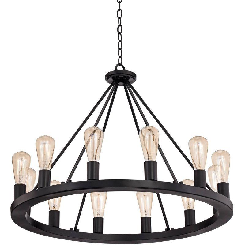 Franklin Iron Works Lacey Black Wagon Wheel Chandelier 28" Wide Industrial 12-Light LED Fixture for Dining Room House Foyer Kitchen Island Entryway