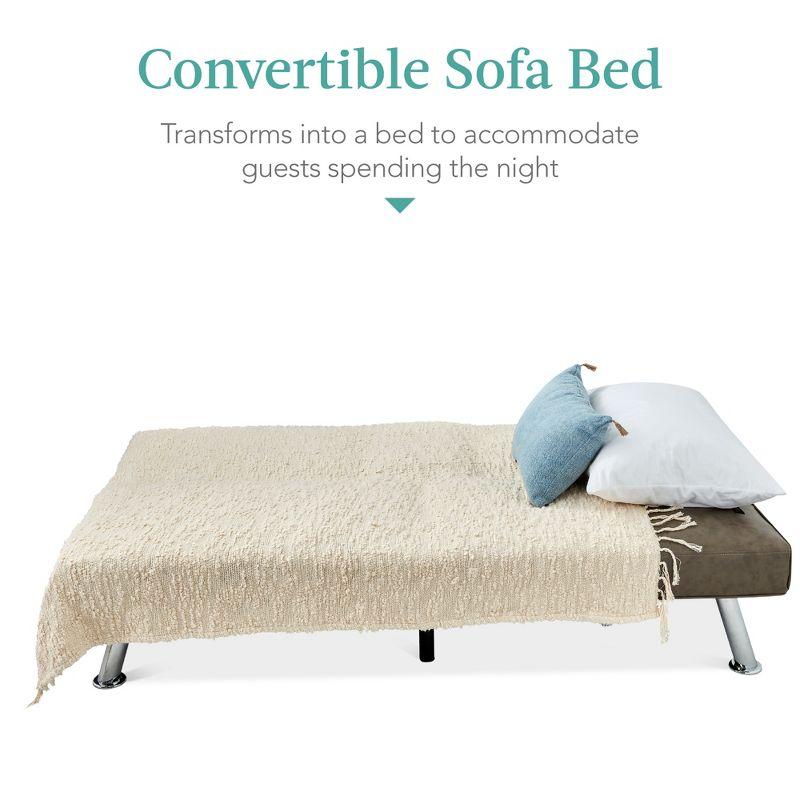 Best Choice Products Modern Faux Leather Convertible Futon Sofa w/ Removable Armrests, 2 Cupholders - Gray