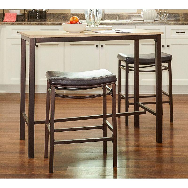 Linon 3pc Betty Faux Leather Stools Wood Pub Dining Set Wood/Brown: Counter Height, Padded Seat