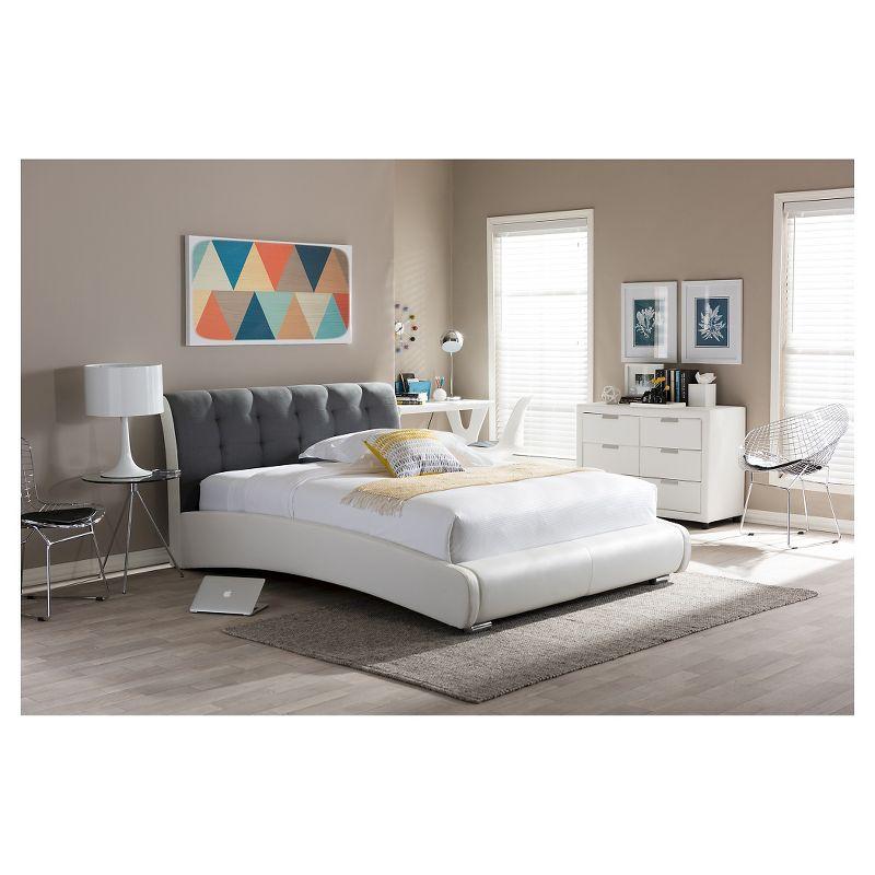 Guerin Contemporary Faux Leather and Fabric Two-Tone Upholstered Grid Tufted Platform Bed - White/Gray (Queen) - Baxton Studio