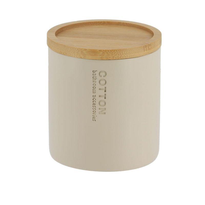 Beige Polyresin Cotton Pad Holder with Bamboo Lid