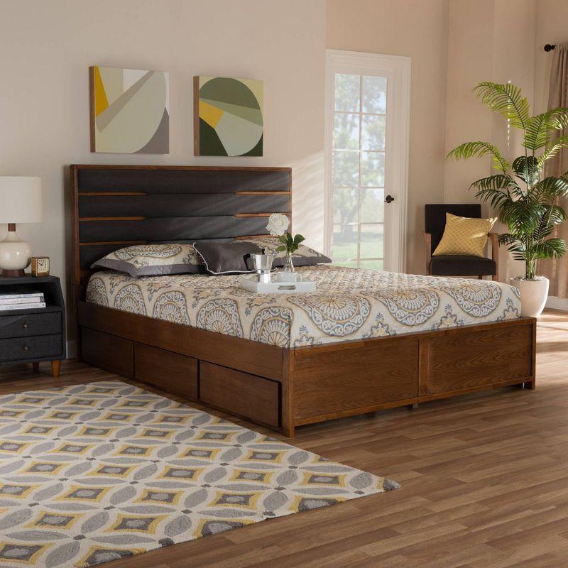 King Elin Wood Platform Storage Bed with 6 Drawers - Baxton Studio: Upholstered Headboard