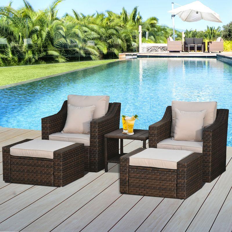 Outsunny 5 Piece Patio Furniture Set, All Weather PE Rattan Conversation Chair & Ottoman Set w/ Table, Cushions & Pillows Included