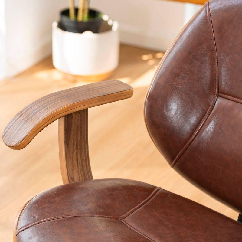 Russet Leatherette Mid-Century Swivel Office Chair with Bamboo Armrest