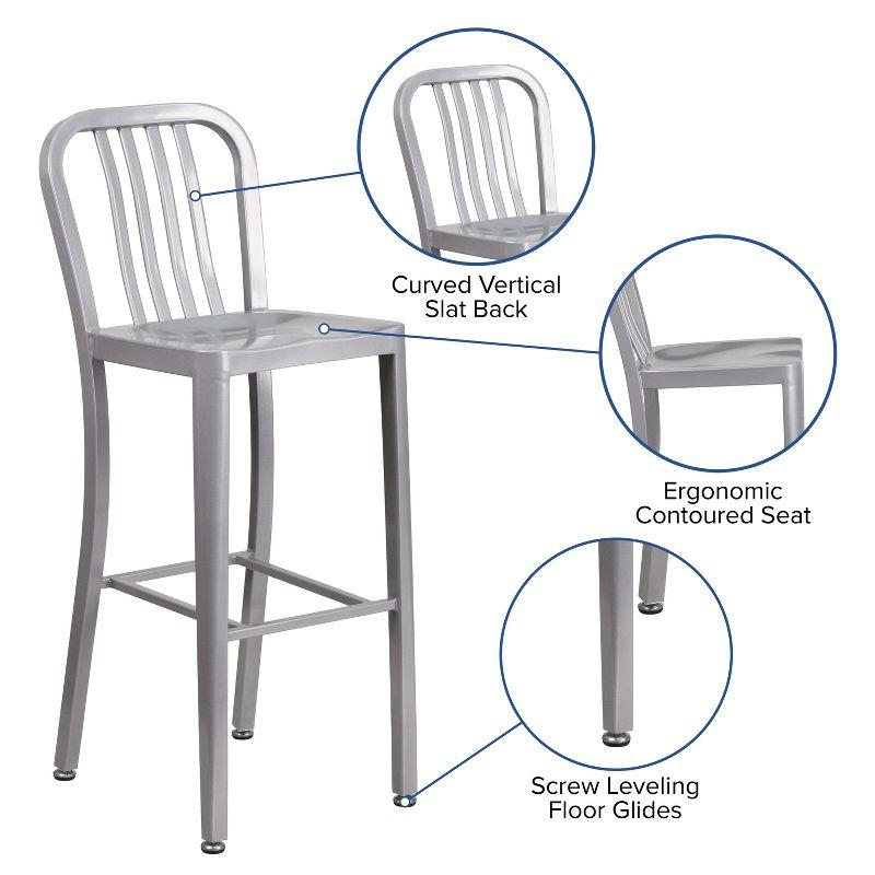 Silver Metal 30" High Indoor-Outdoor Barstool with Slat Back