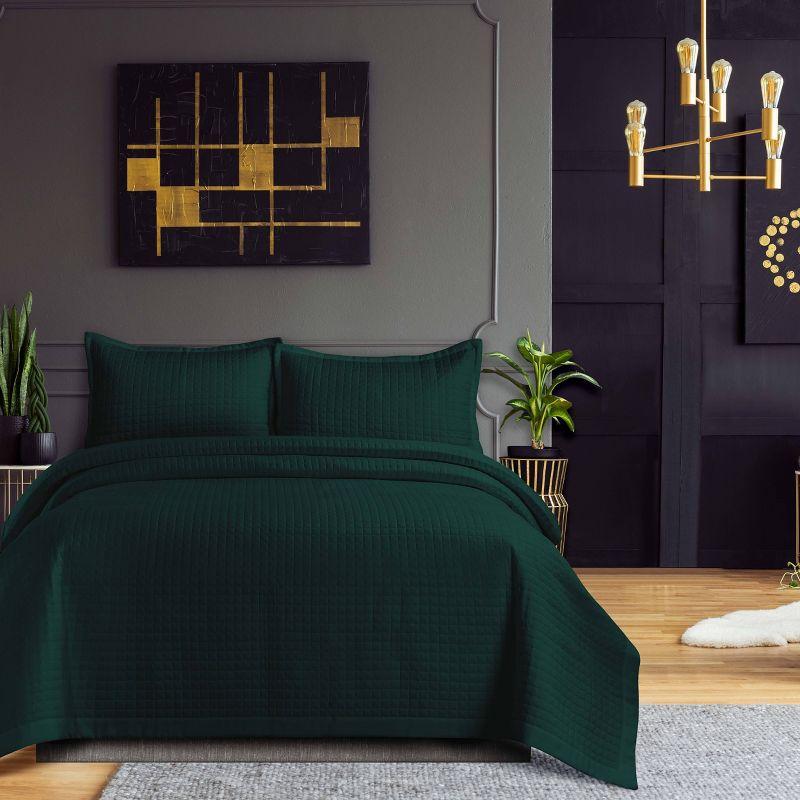 Twin Naples Microfiber Quilt Set Teal - Tribeca Living: Includes 1 Sham, Box Quilting Design, All Ages