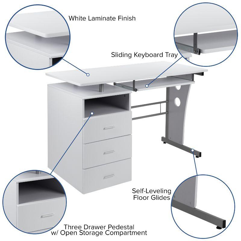 Executive White and Silver Desk with Keyboard Tray and Drawers