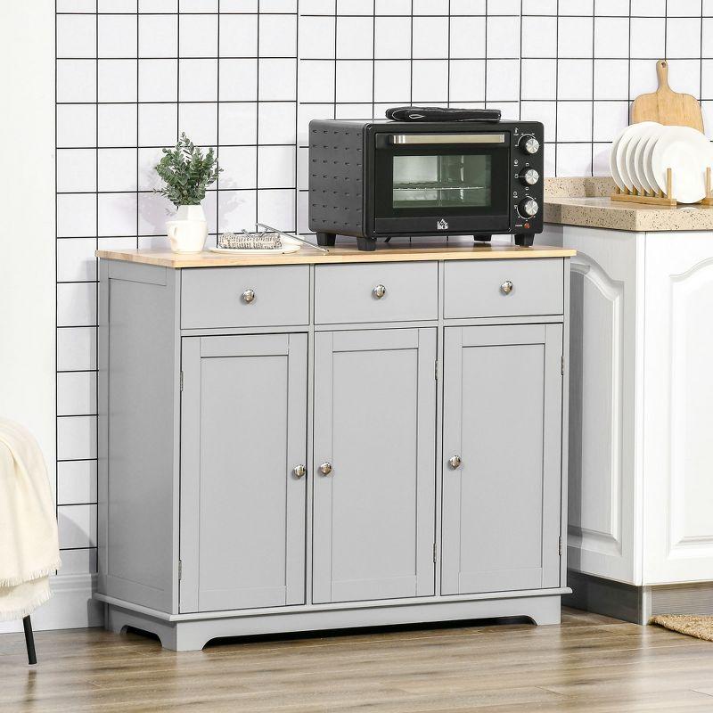 HOMCOM Kitchen Storage Cabinet, Sideboard Floor Cupboard with Solid Wood Top, Adjustable Shelf, and 3 Drawers for Living Room, Gray