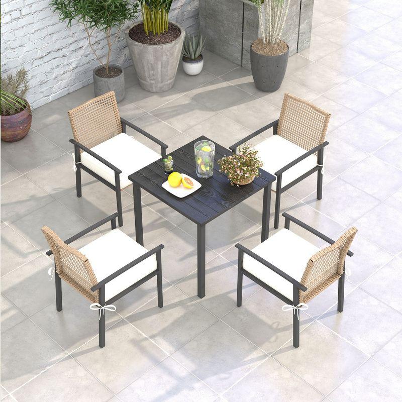 Outsunny 5 Piece Indoor Outdoor Wicker Dining Set, Patio Furniture Metal Table and Chairs with Soft Cushions, Beige