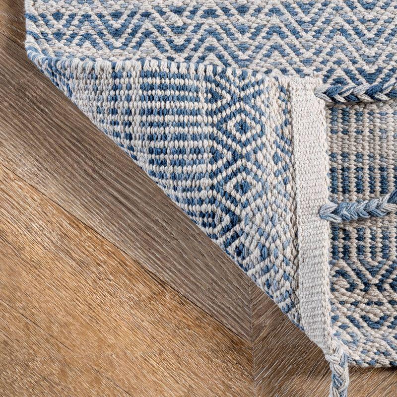 Blue Geometric Cotton Tassel Runner Rug, 2' x 6'