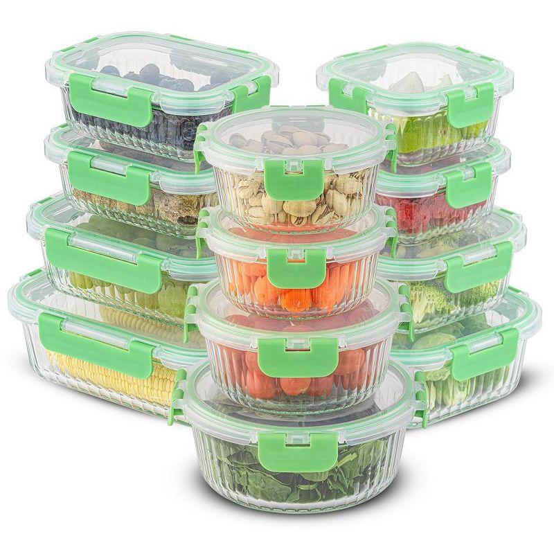 JoyJolt 24-Piece Green Fluted Glass Food Storage Container Set