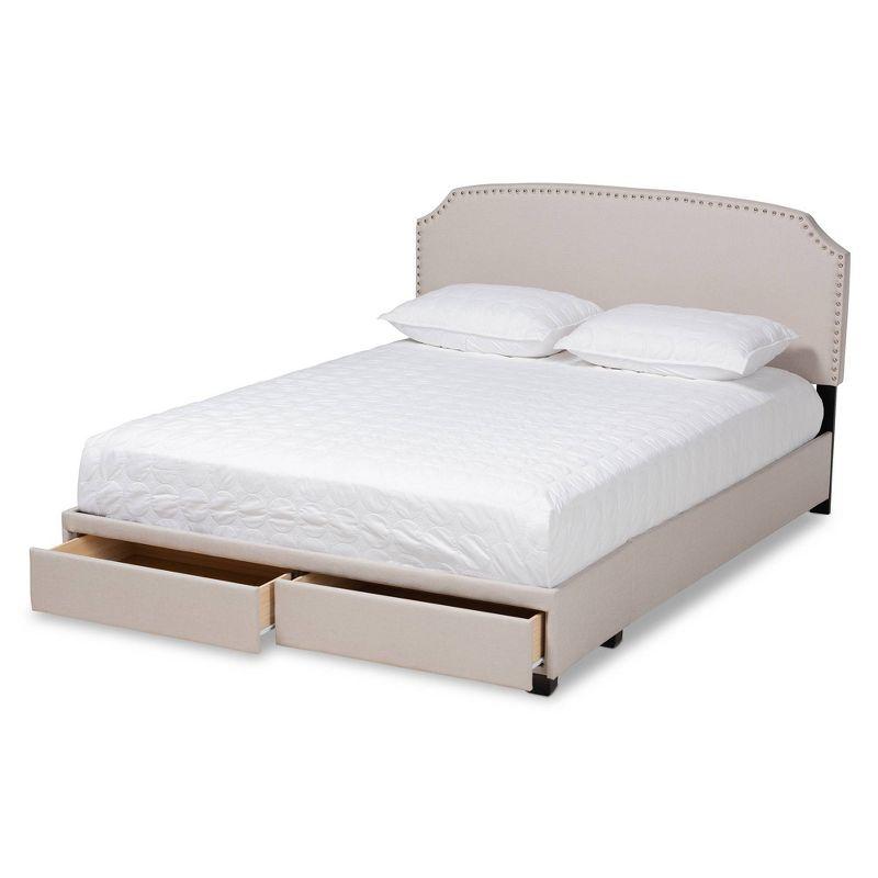 Queen Beige Upholstered Platform Bed with Storage Drawers