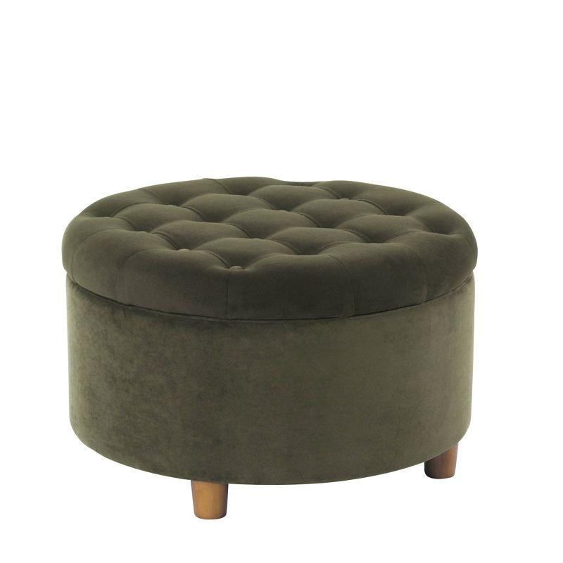 Loden Green Velvet Tufted Round Storage Ottoman with Wood Legs