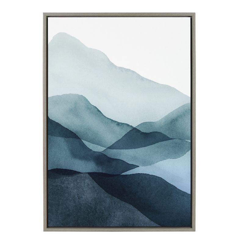 Blue Mountain Range Watercolor Canvas Art with Gray Frame, 23x33