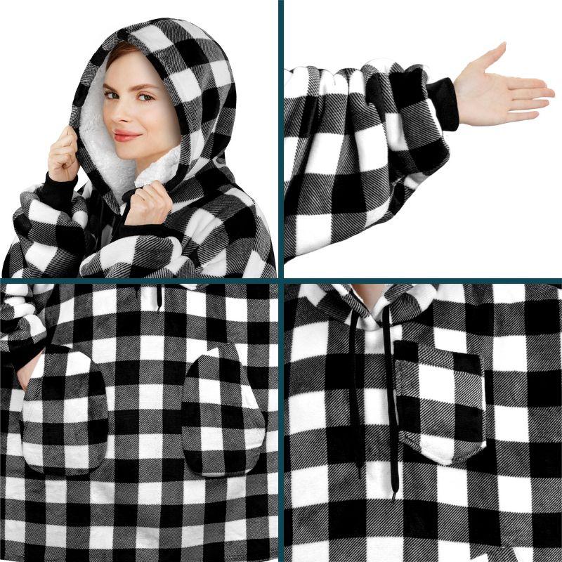 PAVILIA Wearable Blanket Hoodie Adults, Faux Shearling Cozy Oversized Hooded Sweatshirt, Warm Fleece Two Pockets (Checker White - Long, Adult)