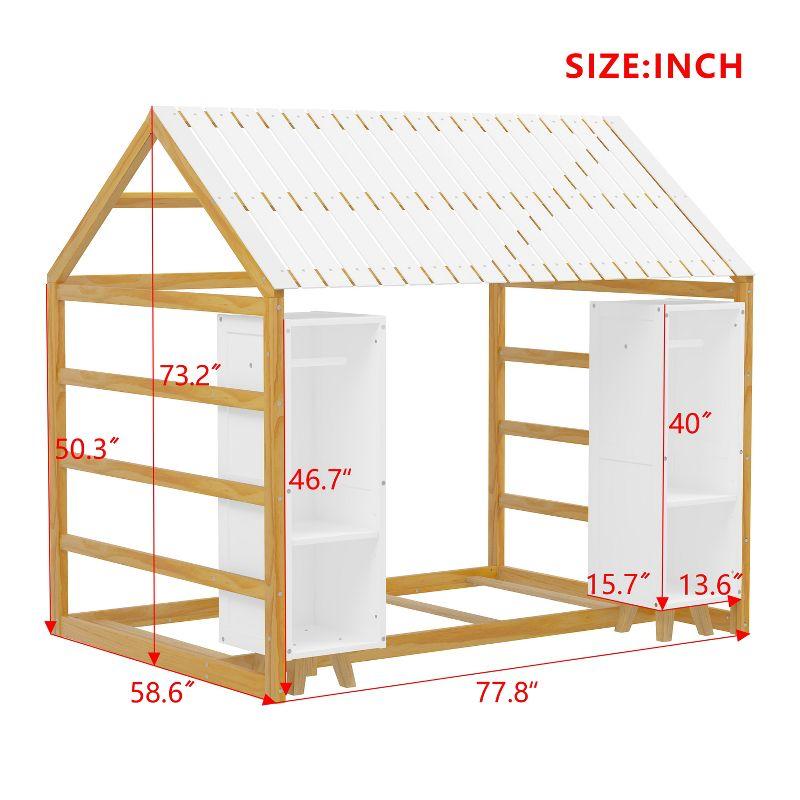 Twin Size House Bed Platform Bed Kids Floor Bed with Two Movable Wardrobes, Fence and Roof, Natural-ModernLuxe