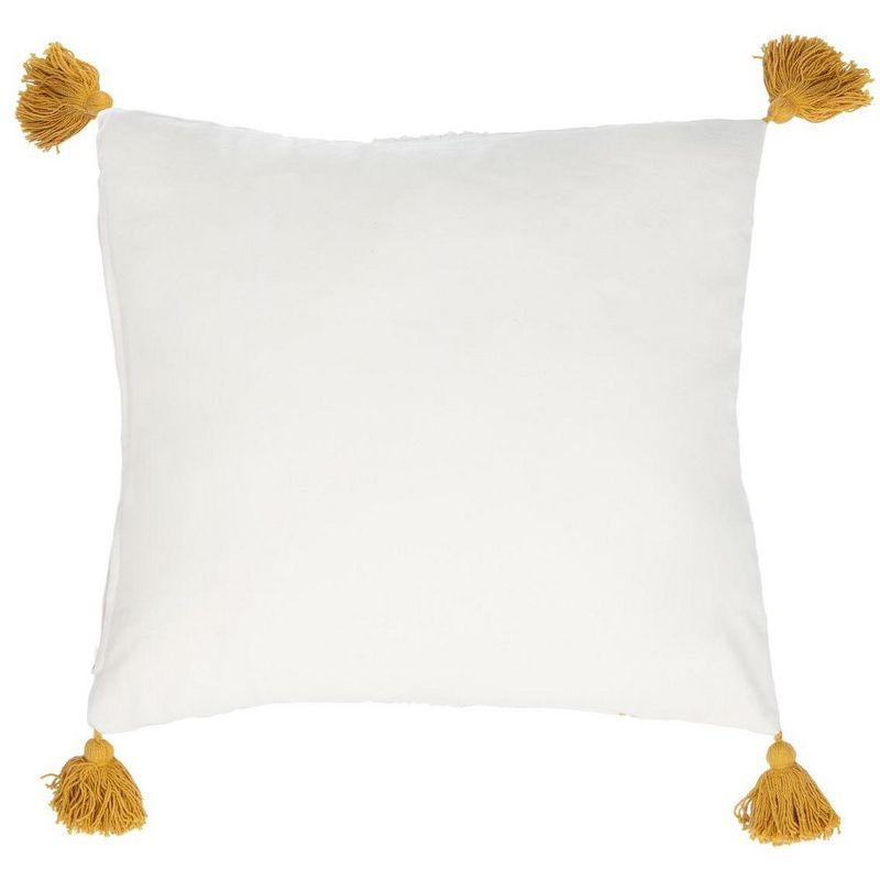 White and Mustard Embroidered Cotton Square Throw Pillow