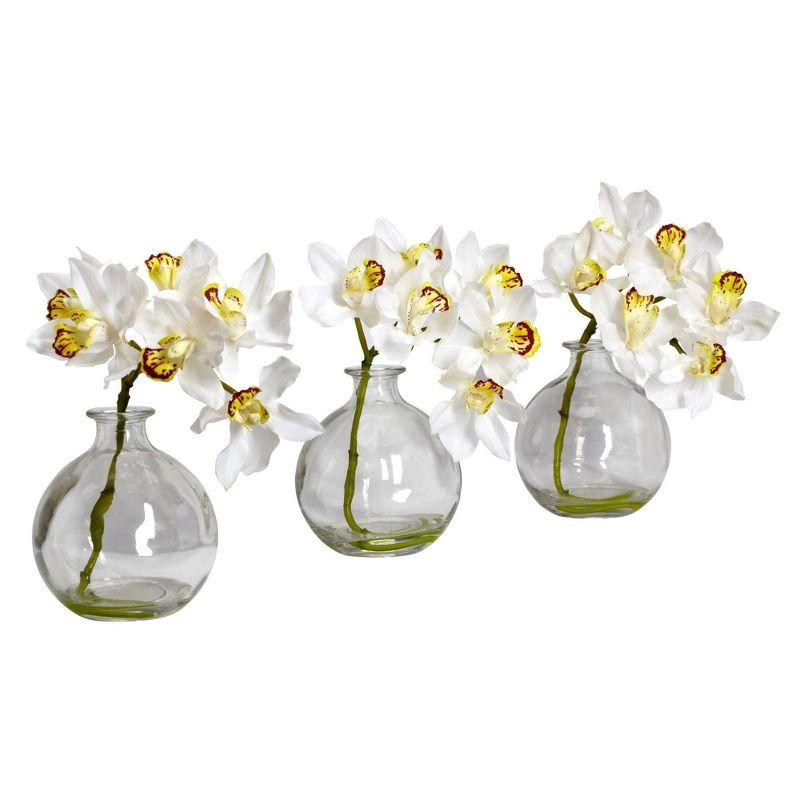 Nearly Natural Cymbidium with Vase Silk Flower Arrangement (Set of 3)