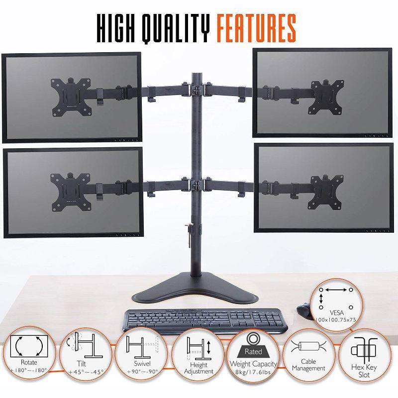 Quadruple Monitor Mount  Freestanding Monitor Arm with 4 Adjustable VESA Mounts  Black  Stand Steady