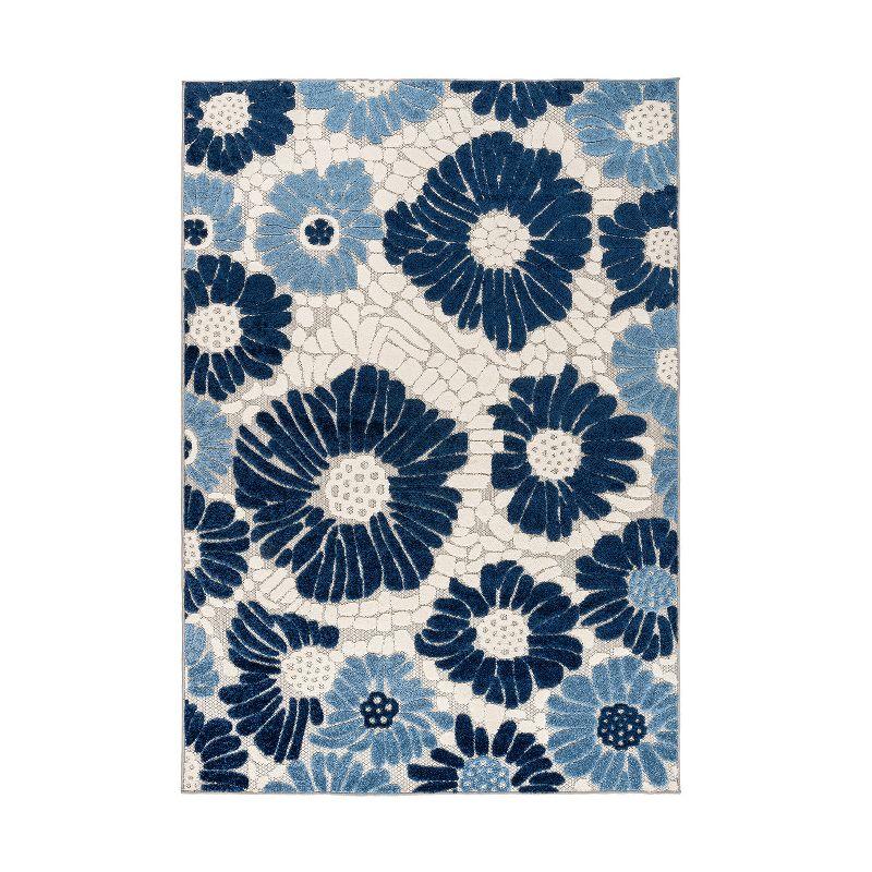 World Rug Gallery Palermo Modern Floral Indoor/Outdoor Area Rug - Navy 5' x 7':  Weather-Resistant,  Low Pile,  Botanical Pattern