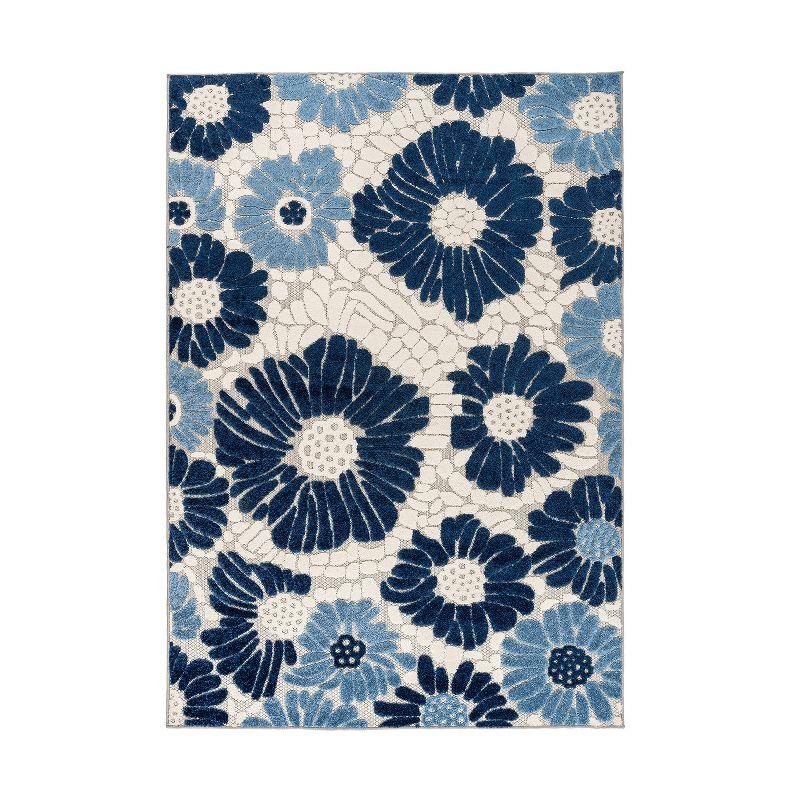 Navy Floral Synthetic 5' x 7' Reversible Area Rug