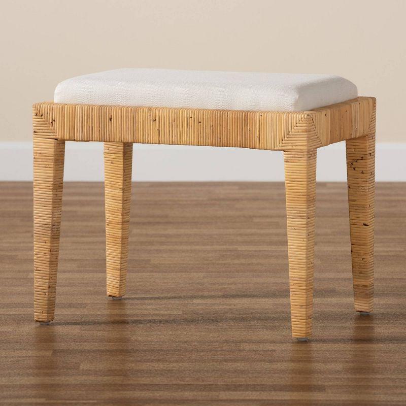 Sofia Rattan and Mahogany Wood Ottoman White/Natural Brown - Baxton Studio: Handmade, No Assembly Required
