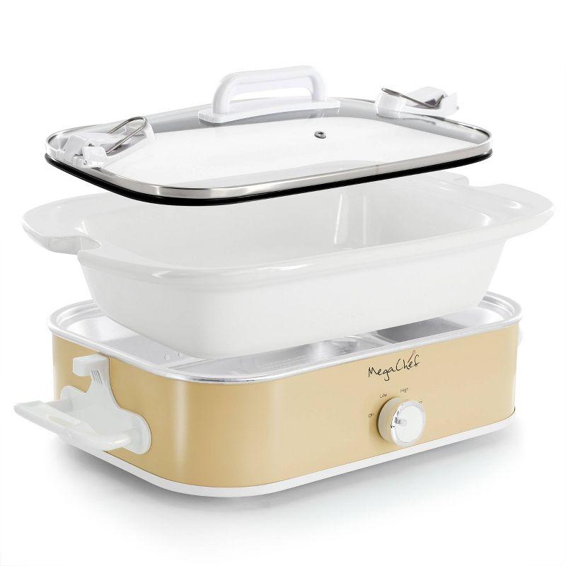 MegaChef 3.5qt Casserole Slow Cooker with 3 Temperature Settings Cream: Stainless Steel, Stoneware, Glass, Dishwasher-Safe Parts