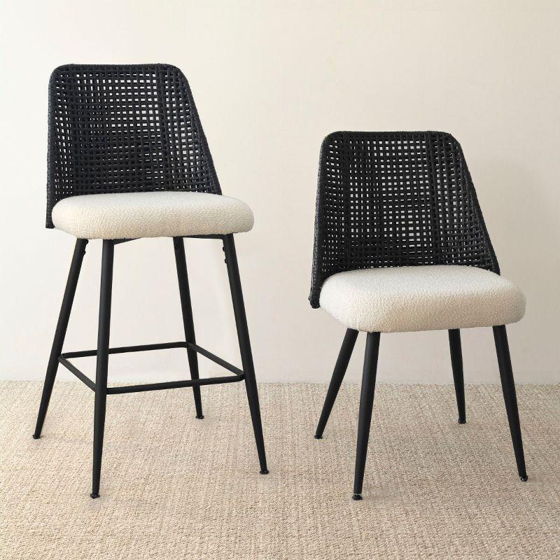 27" Counter Height Bar Stools Set Of 2, Black Rattan Back Upholstered Chairs, Modern Kitchen Island Seating, Woven Accent Stools-Maison Boucle