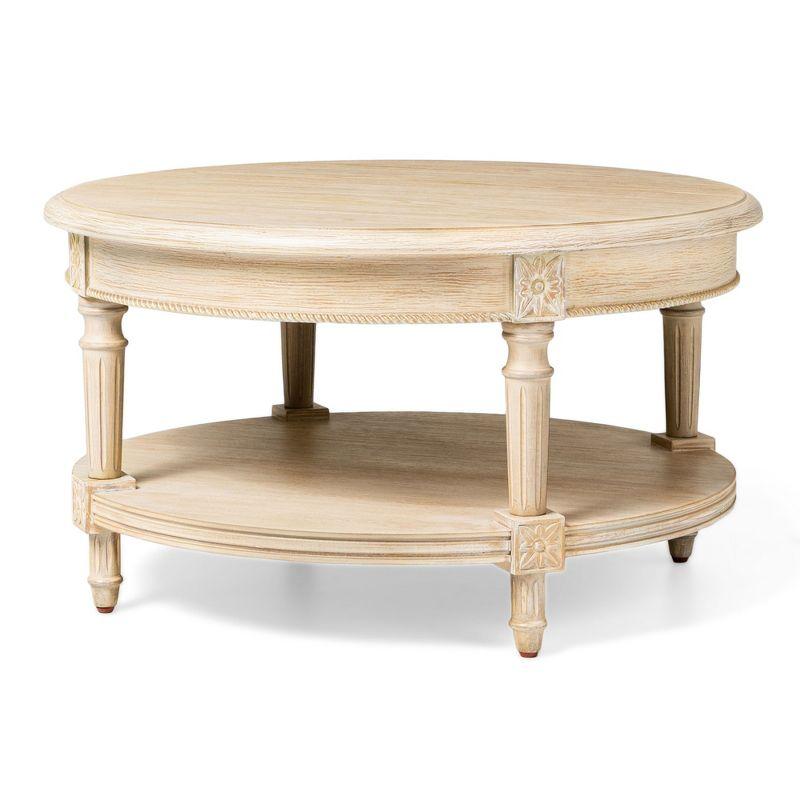 Antiqued White Round Wooden Coffee Table with Shelf Storage