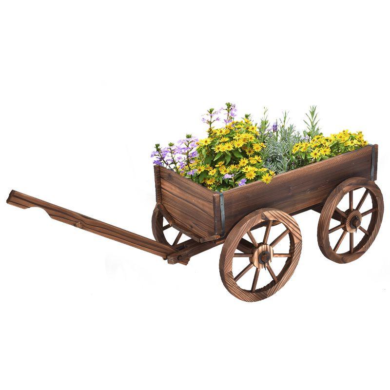 Tangkula Outdoor Flower Planter Wood Wagon Decoration Wheels